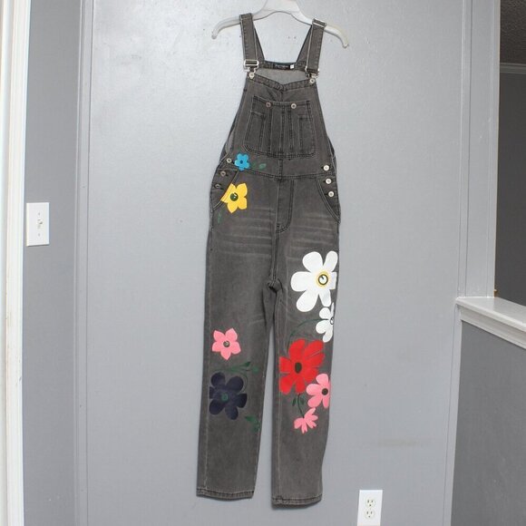 Pantalon gray flower print denim overalls - Picture 1 of 5
